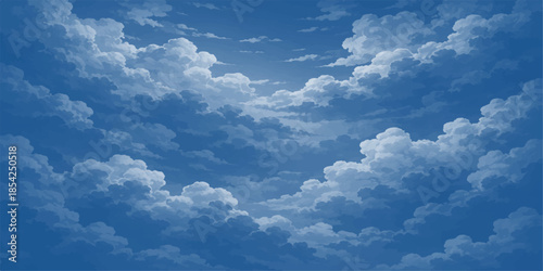 A beautiful sunny day features fluffy white clouds drifting through a clear blue sky, creating a bright summer cloudscape across the peaceful atmosphere of the heaven-like nature