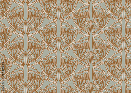 Decorative flowers and leaves in art nouveau style, vintage, old, retro style. Seamless pattern, background. Vector illustration. In art nouveau style, vintage, old, retro style.