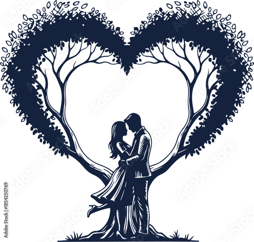 Couple kissing under heart shaped tree love romance silhouette