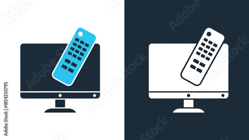 Blue icon set: remote control and computer monitor - Blue icon set - Solid icons vector collection - Vector icon set - Line and glyph solid icon set - Icon vector - Flat Design Icon