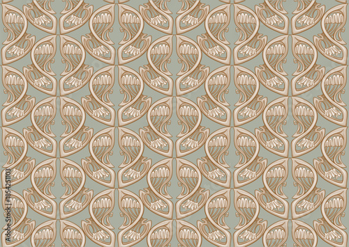 Decorative flowers and leaves in art nouveau style, vintage, old, retro style. Seamless pattern, background. Vector illustration. In art nouveau style, vintage, old, retro style.