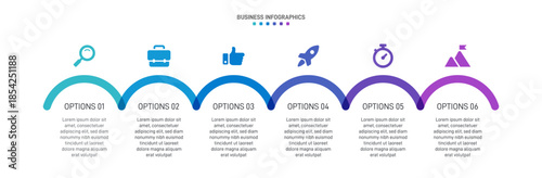 Progress bar featuring 6 arrow-shaped elements, symbolizing the six stages of business strategy and progression. Clean timeline infographic design template. Vector for mobile presentation.