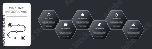 Progress bar featuring 6 arrow-shaped elements, symbolizing the six stages of business strategy and progression. Clean timeline infographic design template. Vector for mobile presentation.