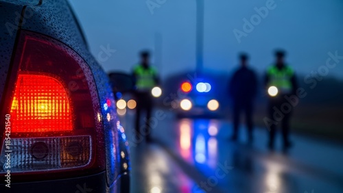 Road accident or traffic stop scene at night focusing on the illuminated rear tail light of a stopped vehicle.