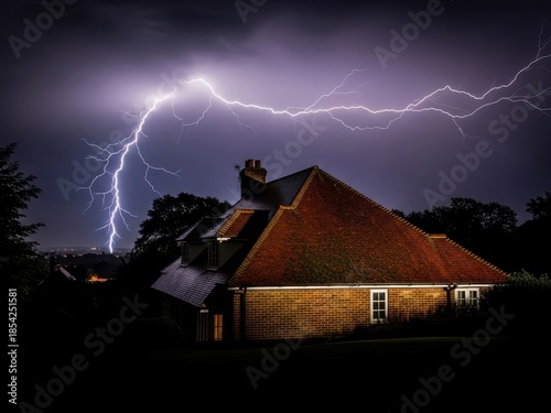 A massive branching lightning bolt strikes the sky directly over a suburban brick house during a severe night thunderstorm.
