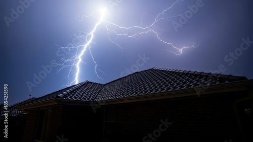 Dramatic view of a powerful electrical lightning discharge illuminating the dark purple sky above a residential home roof.