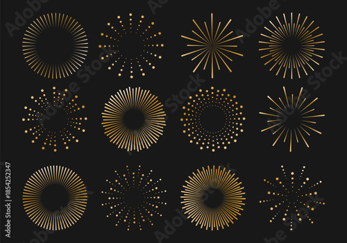 Set of elegant golden radial bursts and dotted star shapes on dark background. Abstract geometric elements create luxury festive accents for branding, posters, packaging, invitations and modern graphi