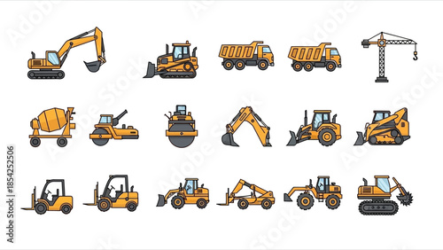 Collection of construction vehicle icons for design and illustrative uses, various machines
