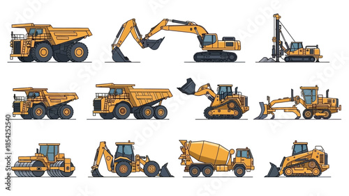 Construction Equipment Collection Vector Illustrations of Dump Trucks, Excavators, and Bulldozers