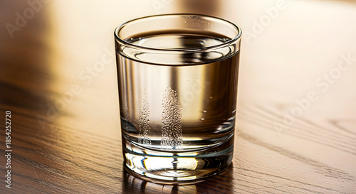 A clear glass of water with effervescent tablets dissolving, creating bubbles in the liquid