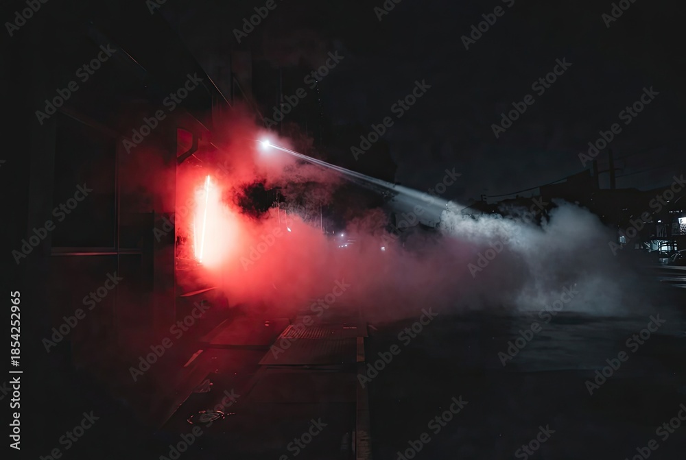 Obraz premium Red smoke and a piercing white light beam illuminating a mysterious urban night scene