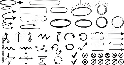 Collection of various hand drawn arrows and shapes