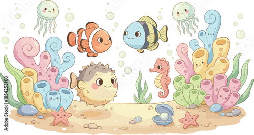 Cute, cartoon, underwater, world, illustration, with, clownfish, pufferfish, seahorse, jellyfish, coral, reef, sea, stars, and, bubbles, on, white, background, vector.
