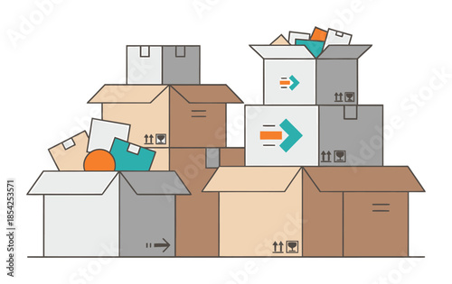 Moving Boxes Relocation Minimalist Flat Vector Illustration, Cardboard Packages for Delivery and Shipping on White Background