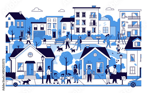 Modern Neighborhood Community Duotone Vector Illustration, Two-Color High Contrast Suburban Residential Area Graphic