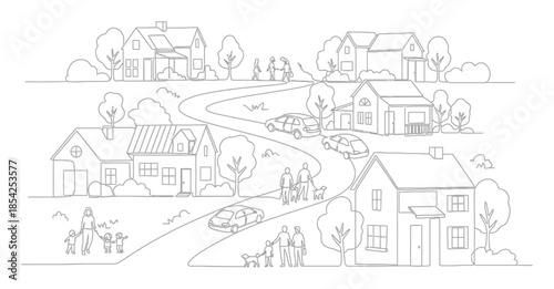 Minimalist Continuous Line Drawing of a Neighborhood Community, Elegant Single Line Art Illustration of Houses and Homes on White Background