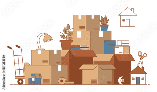 Moving Boxes Relocation Minimalist Flat Vector Illustration, Cardboard Packages for Delivery and Shipping on White Background