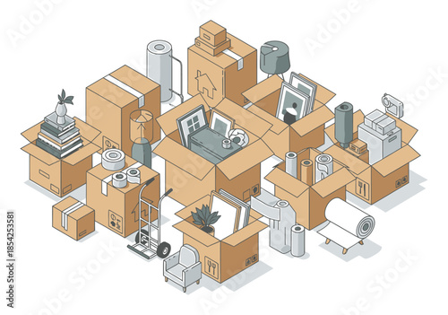 Isometric Moving Boxes for Relocation and Home Delivery, 3D Vector Illustration of Cardboard Packaging on White Background