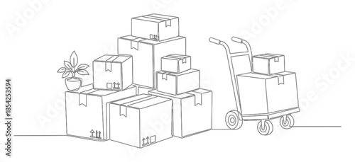 Continuous Line Art Illustration of Moving Boxes for Relocation, Minimalist Single Line Drawing, House Moving Concept