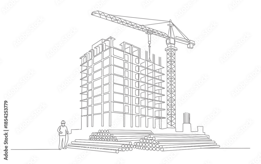 Fototapeta premium Construction Building Site Continuous Line Art Illustration, Minimalist Single Line Drawing of Architecture and Cranes on White Background