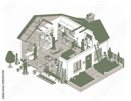 Isometric Vector Illustration of Home Renovation and House Upgrade, Modern 3D Perspective Architecture Design Concept on White Background