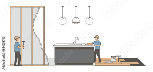 Home Renovation and House Upgrade Minimalist Flat Vector Illustration, Modern Construction Concept with Geometric Shapes on White Background