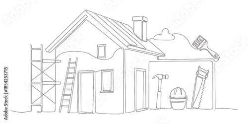 Minimalist Home Renovation and House Upgrade Continuous Line Art Illustration, Single Line Drawing of Home Improvement Concept on White Background