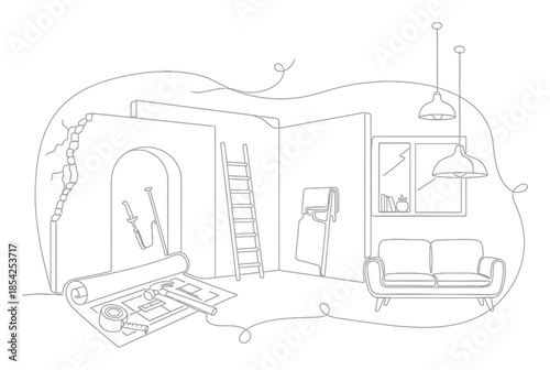 Minimalist Home Renovation and House Upgrade Continuous Line Art Illustration, Single Line Drawing of Home Improvement Concept on White Background