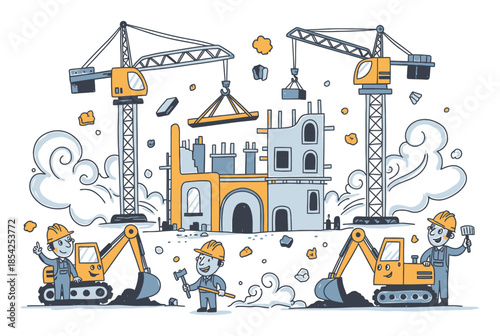 Hand-drawn construction building site vector illustration, playful sketch-like architecture with organic shapes isolated on white background
