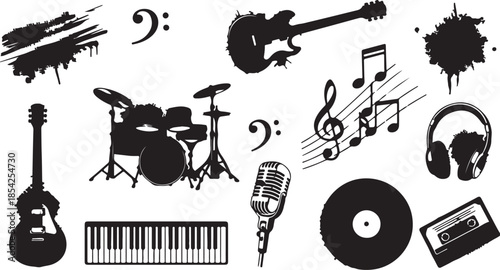 Set of music and instrument halftone grunge vector design elements