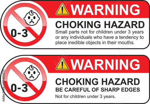 Vector Choking Hazard Warning Labels with '0-3' Symbol for Small Parts and Sharp Edges