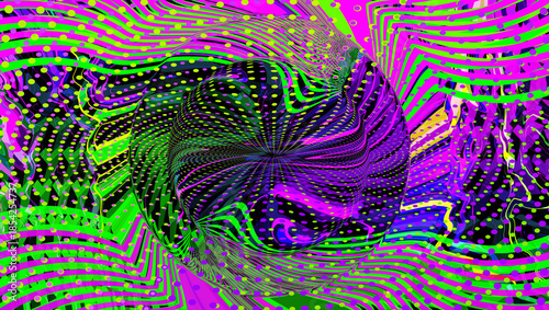 Neon light green pink purple pink swirl on black background. Abstract backdrop. Glitch Art trippy digital wallpaper. violet color texture. Wave pattern. Cyber network. Bubble circle. Dotted line. VR