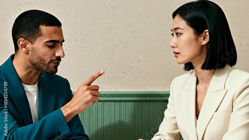 Two business colleagues discussing a serious topic, man pointing a finger while woman listens intently in a professional setting