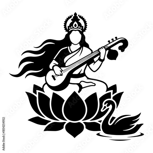 Goddess Saraswati Silhouette Sitting on Lotus Playing Veena with Swan - Hindu Deity Vector Illustration