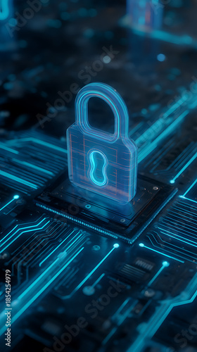 A holographic key floats above a glowing blue circuit