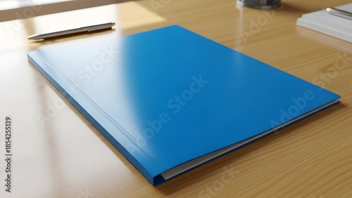 A blue book on a wooden desk with a pen