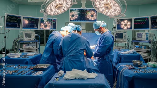 Surgeons in blue operating room scrubs working on a patient under bright lights in a modern hospital