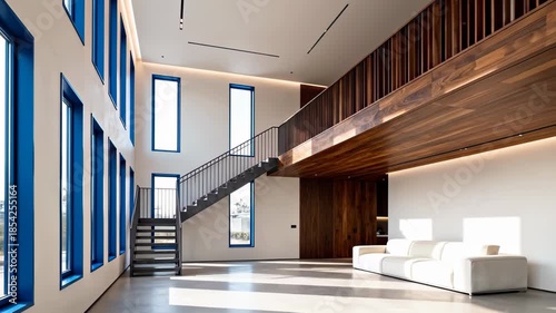Sunlit modern home interior with a white sofa, wooden mezzanine, metal staircase, and tall windows with blue frames
