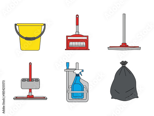 Cleaning Supplies A Collection of Buckets, Mops, Dustpans, Sprayers, and Trash Bags