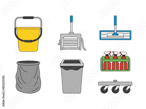 Cleaning Supplies A Vector Illustration of Buckets, Mops, and Cleaning Tools