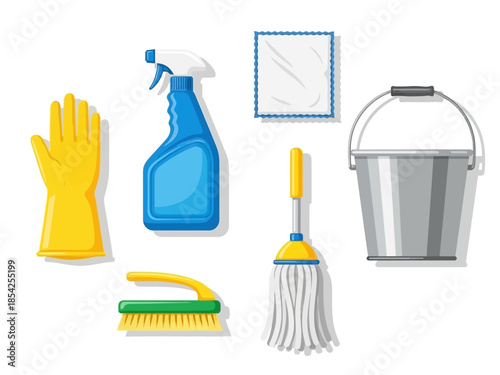 Cleaning Supplies A Vector Illustration of Gloves, Sprays, Buckets, Mops, and More
