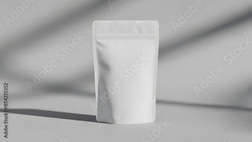 A white stand up pouch packaging mockup on a gray background