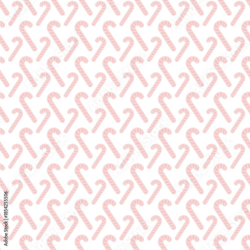Candy cane. A scattering of pink striped lollipops. Seamless vector pattern. Repeating Christmas ornament made of Christmas candies. Isolated colorless background. Idea for web design.