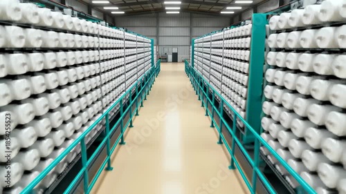 Industrial storage warehouse with long aisles lined by tall metal racks holding hundreds of white spools or rolls of material