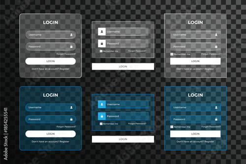 Glassmorphism login form UI set with transparent panels, username and password fields, modern authentication screens for web and mobile apps.
