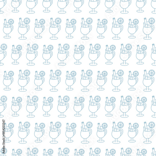 Glass with mulled wine. Blue sketch. The drink is garnished with a cinnamon stick and an orange slice. Seamless vector pattern. Glassware of different sizes with handles for latte and cappuccino. 