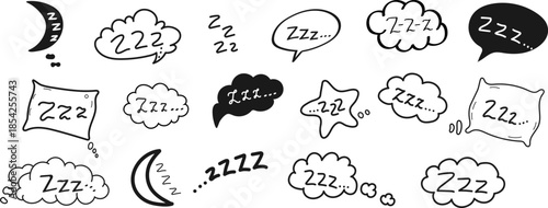 Cute hand-drawn Zzz sleep doodle icons set in a playful comic style. These sketchy vector line art illustrations feature sleepy symbols and night signs, perfect for designs related to rest, dreams
