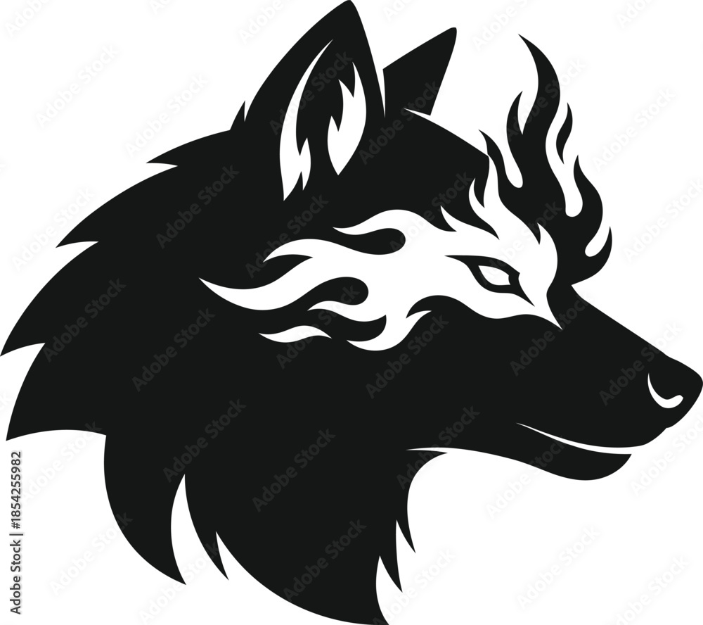 Fototapeta premium Flaming wolf head fierce tribal animal logo silhouette for esports tattoo and t shirt Vector illustration