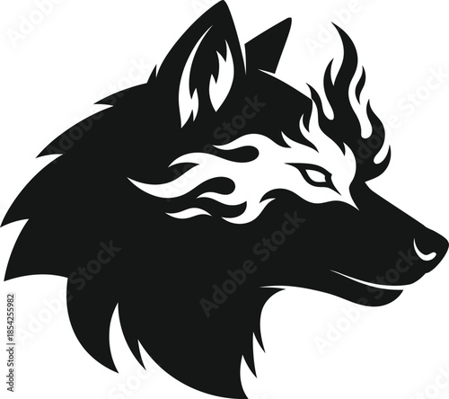 Flaming wolf head fierce tribal animal logo silhouette for esports tattoo and t shirt Vector illustration
