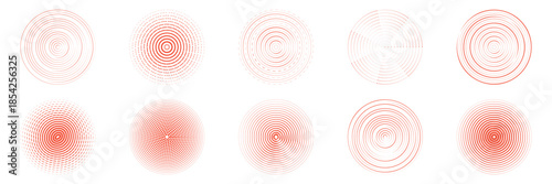Set of radiate echo patterns. Red concentric circular and radial shockwave collection. Abstract vector round, ripple, signal elements.